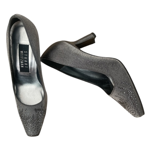Stuart Weitzman Snip Toe Pewter Jeweled Evening Heel Pump Size 6B - Picture 1 of 10
